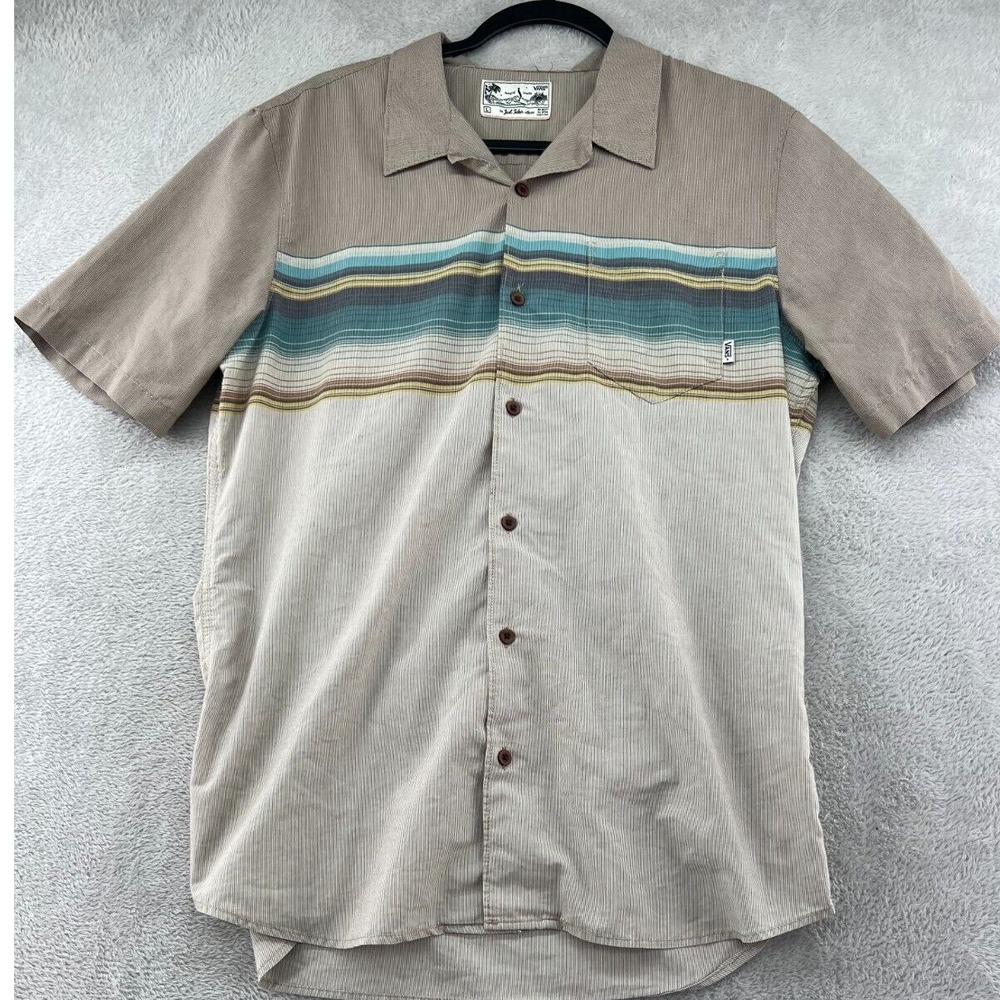 VTG Vans Shirt Men's Large Tan Stripe Joel Tudor Short Sleeve Button Down